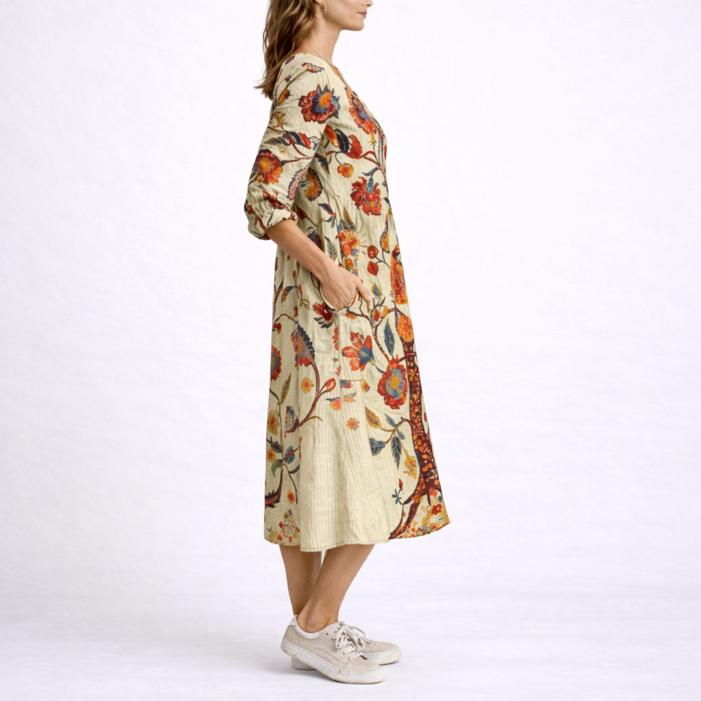 Edith | Vintage Floral Midi Dress with Sleeves