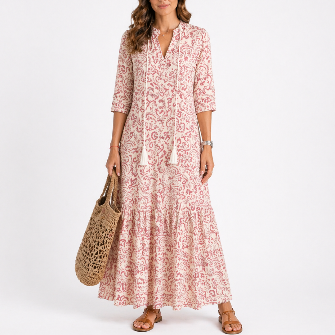 Tallulah | Bold Tie-Neck Tiered Midi Dress with Sleeves