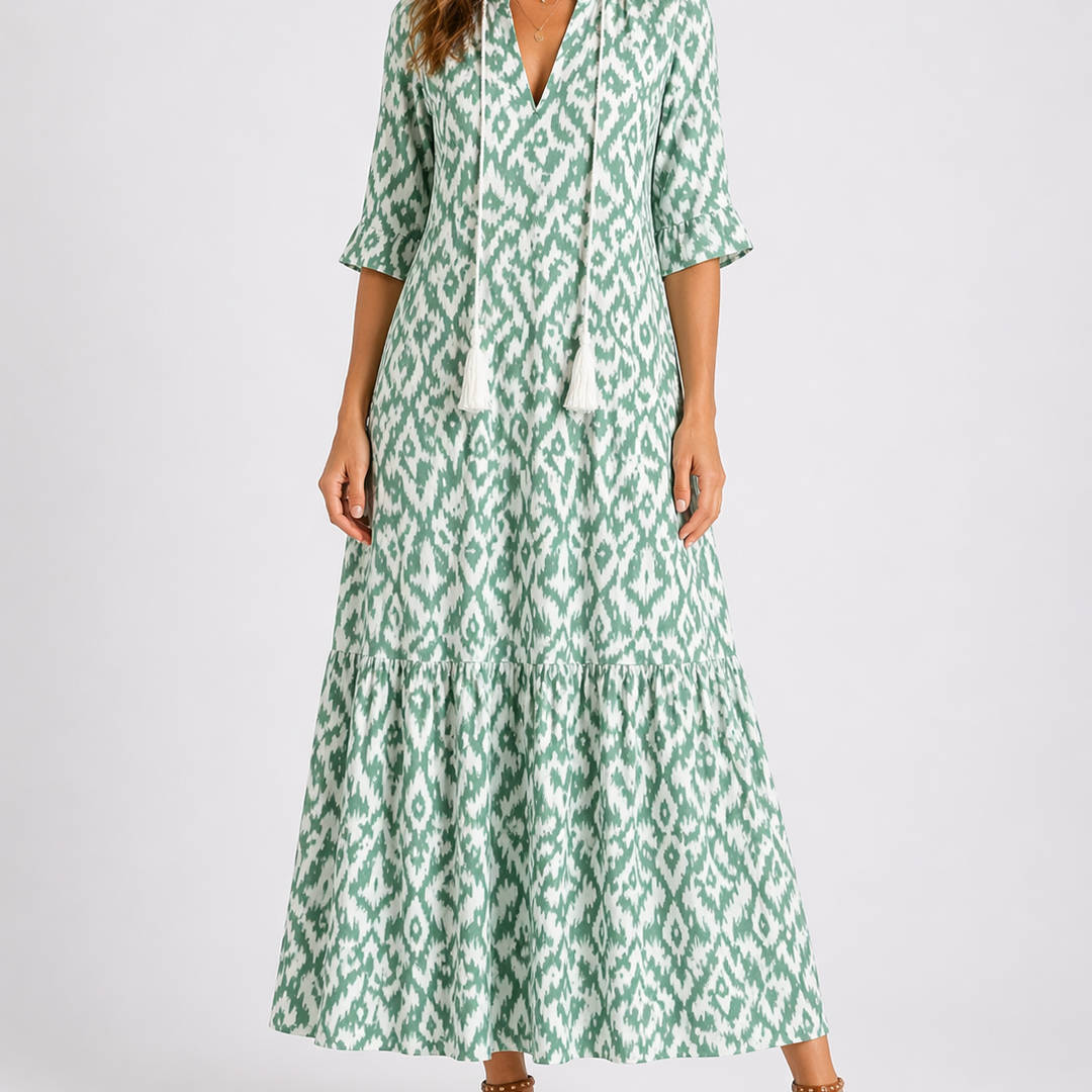 Tallulah | Bold Tie-Neck Tiered Midi Dress with Sleeves