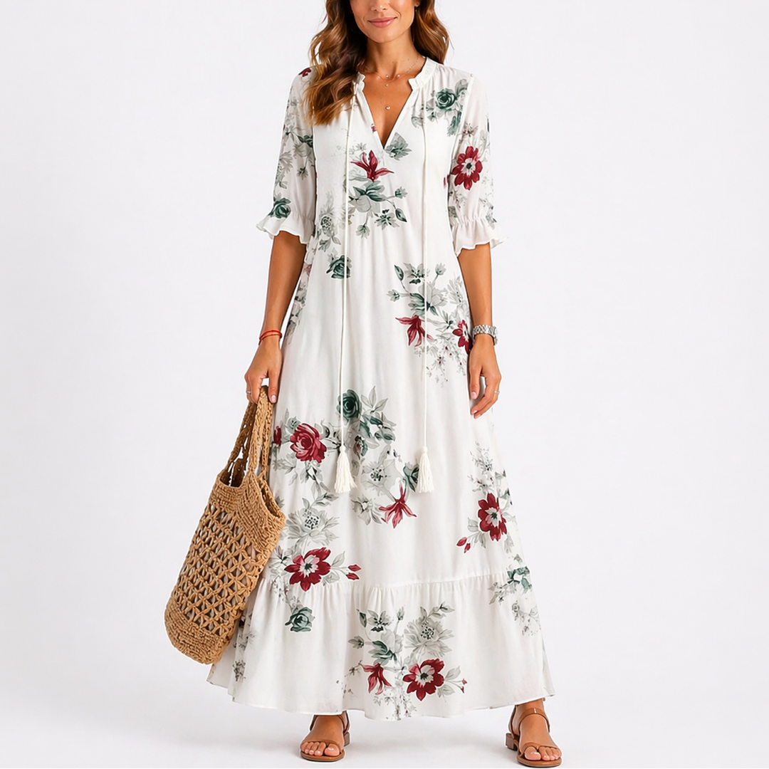 Tallulah | Bold Tie-Neck Tiered Midi Dress with Sleeves
