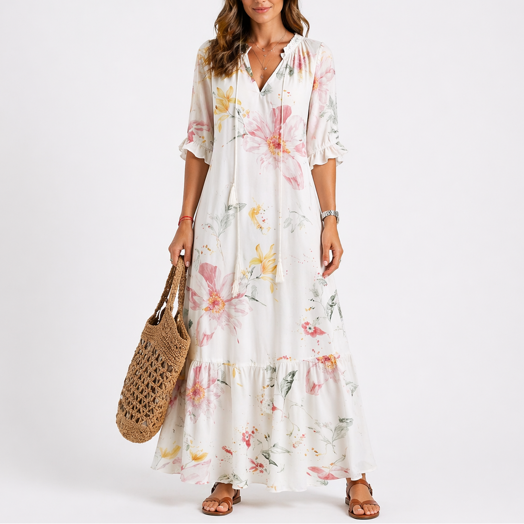 Tallulah | Bold Tie-Neck Tiered Midi Dress with Sleeves