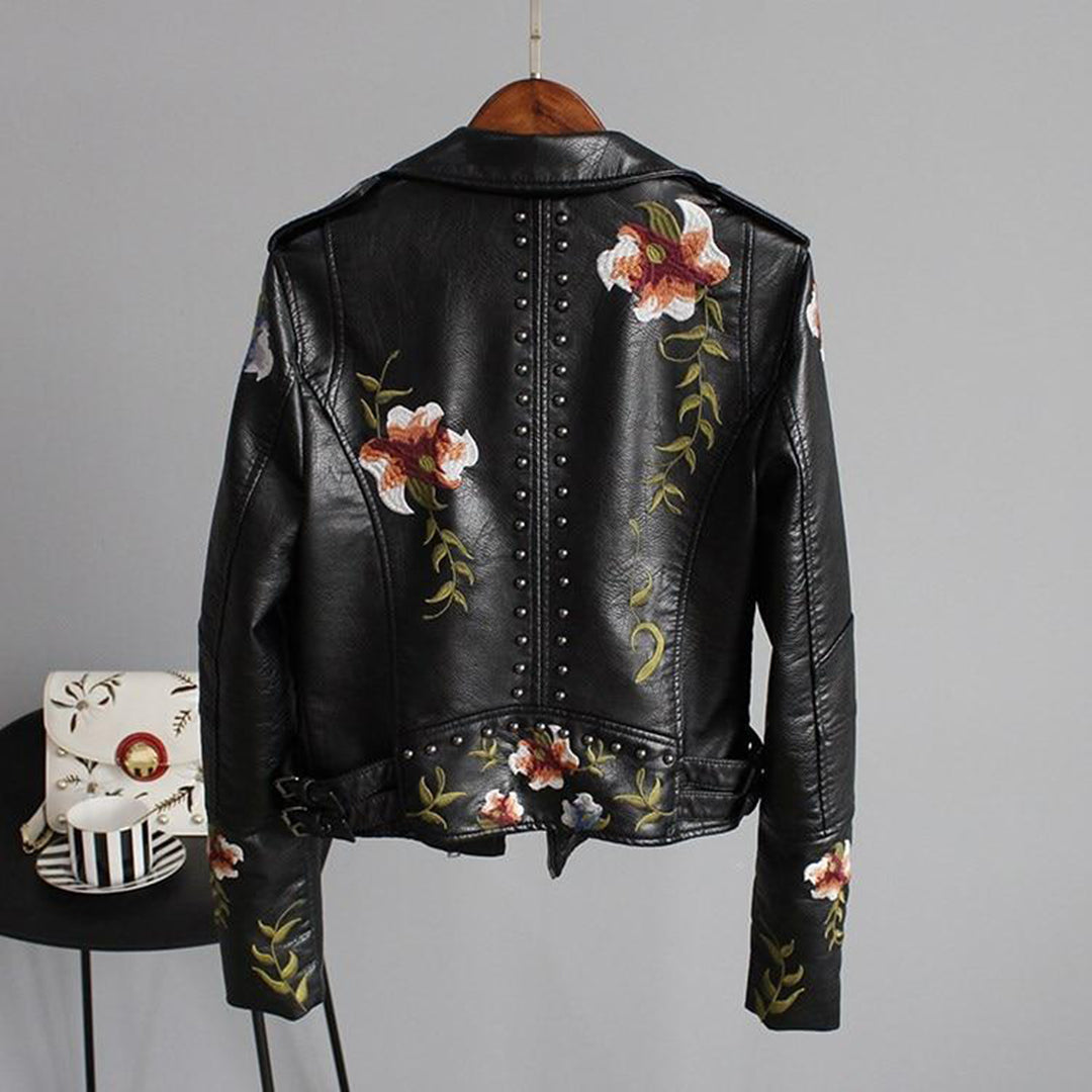 Seraphina | Sharp Embroidered Studded Leather Biker Jacket