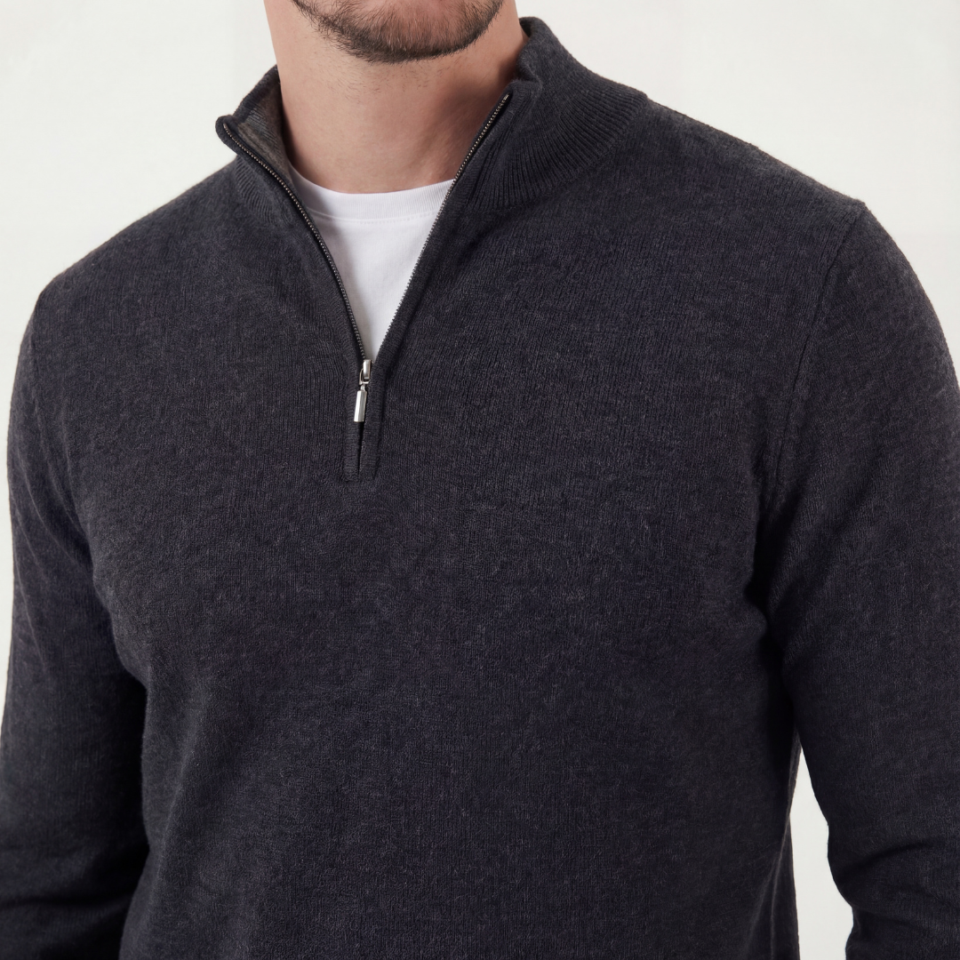 Men's Cotton Blend Half-Zip Sweater | Structured Slim-Fit Winter Pullover