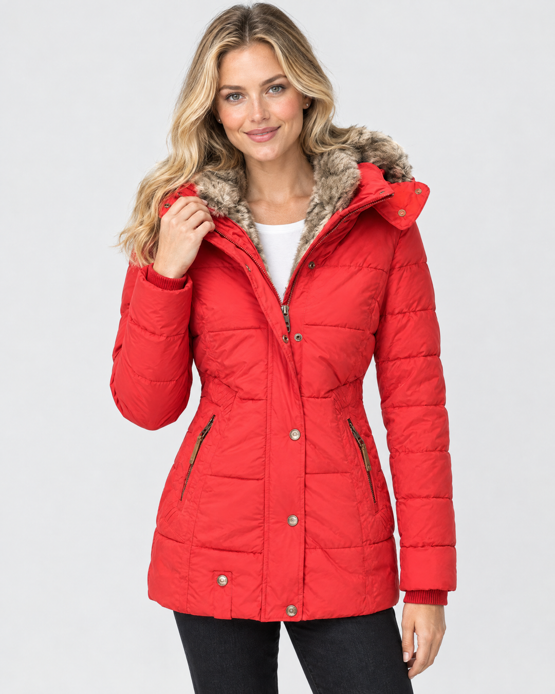 Veyzandra Cosy Faux Fur Hood Coat - Red - hero