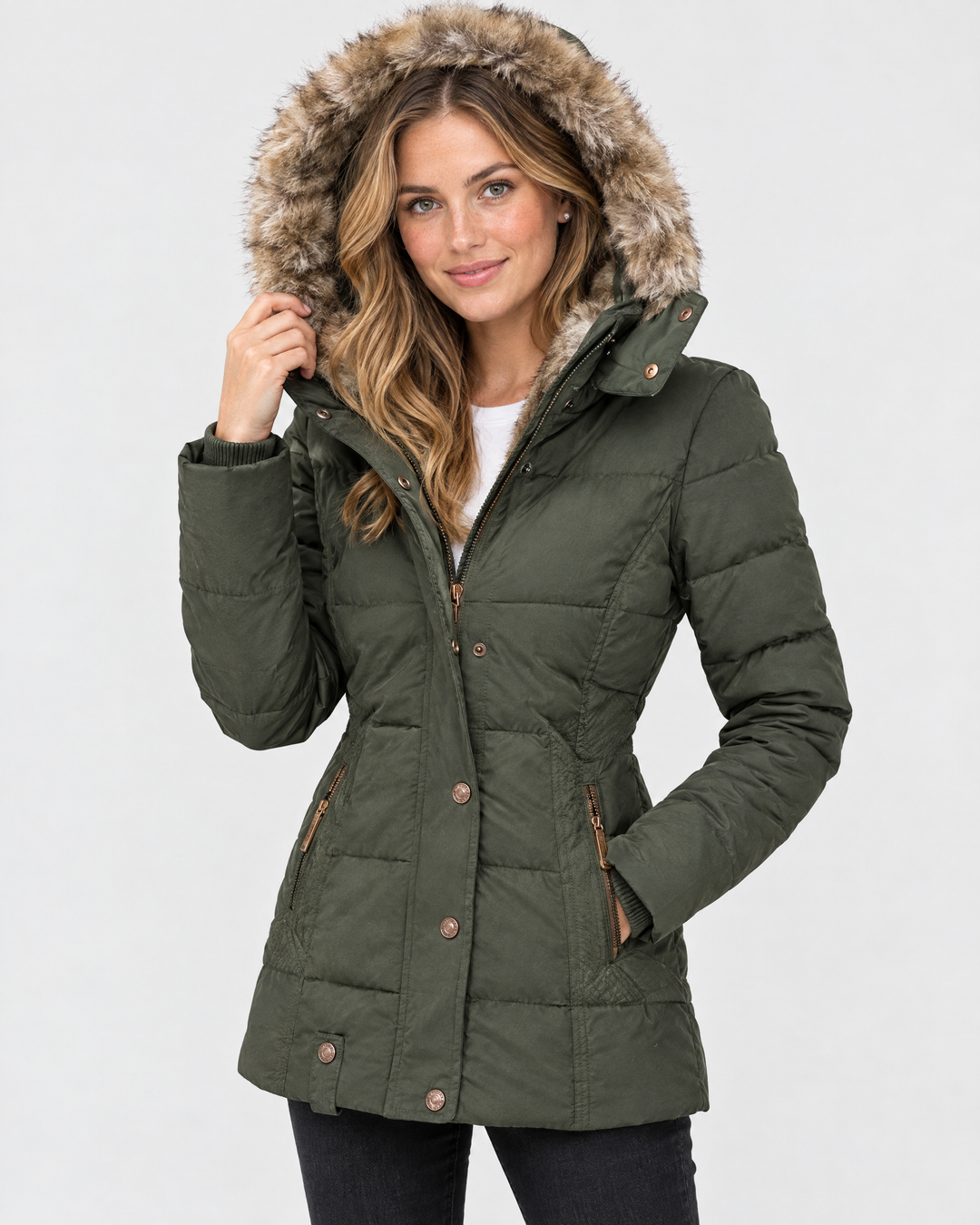 Veyzandra Cosy Faux Fur Hood Coat - Green - hood up alternate