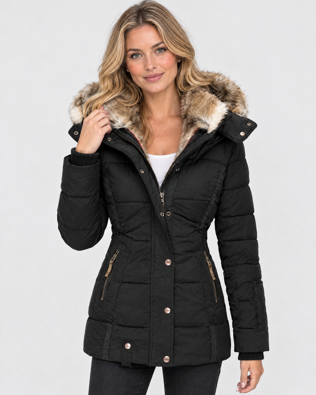 Veyzandra Cosy Faux Fur Hood Coat - Black - hero