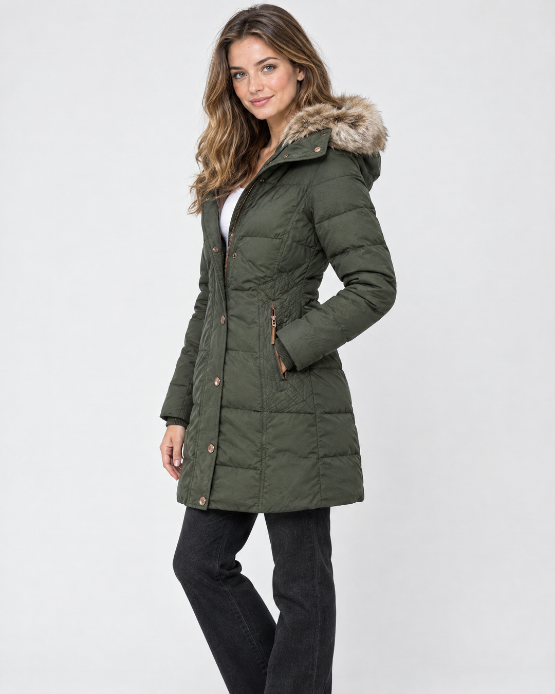 Veyzandra Cosy Faux Fur Hood Coat - Green - angle