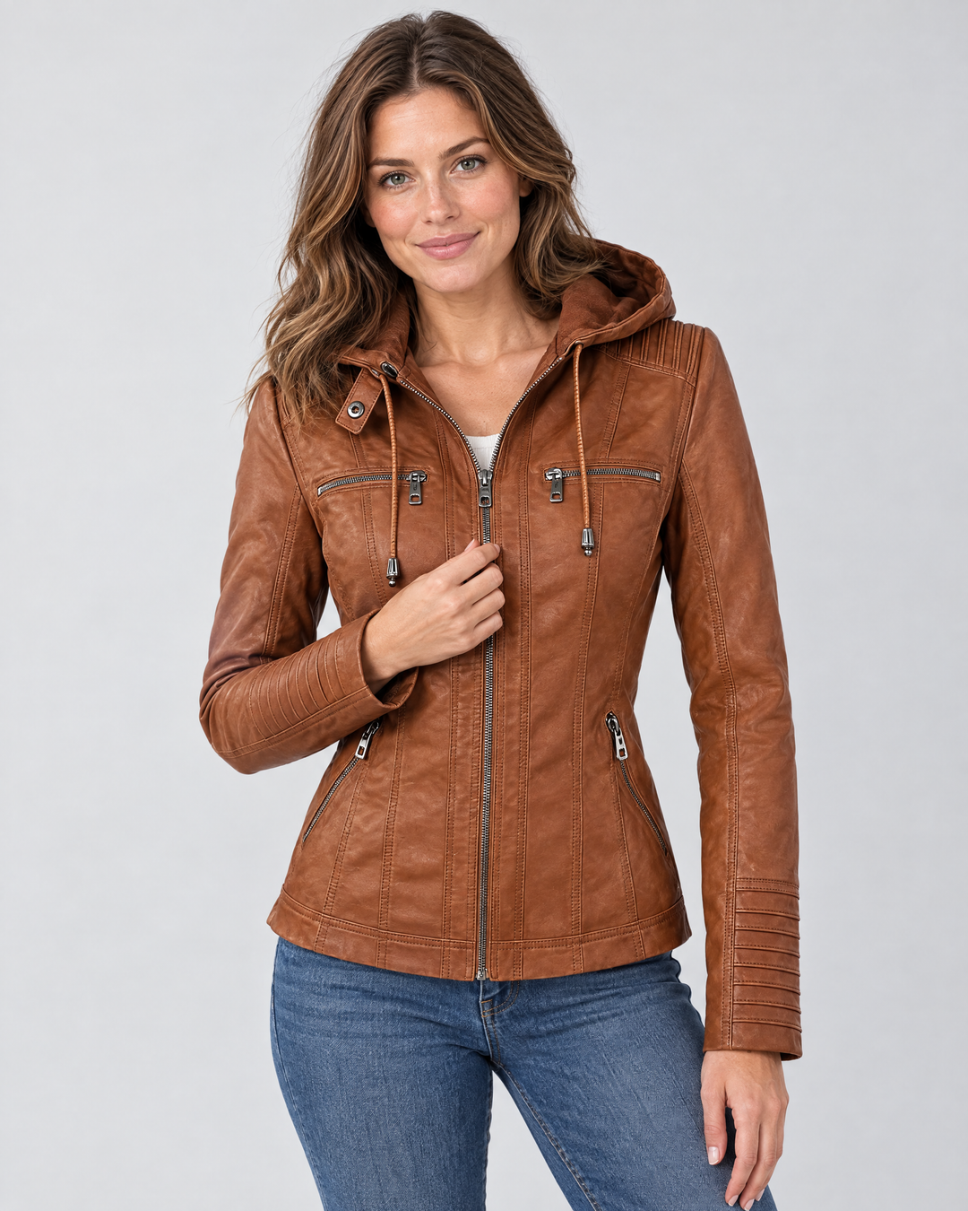 Quilla | Edgy Hooded Leather Biker Jacket – Light Brown – on-model hero