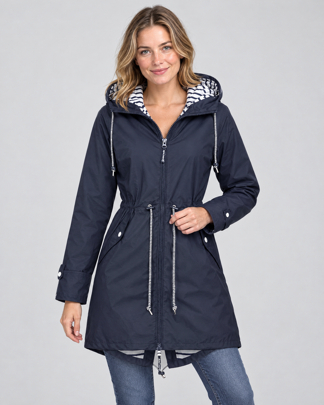 Noor | Sleek Waterproof Hooded Jacket Drawstring Waist – Navy blue – on-model hero