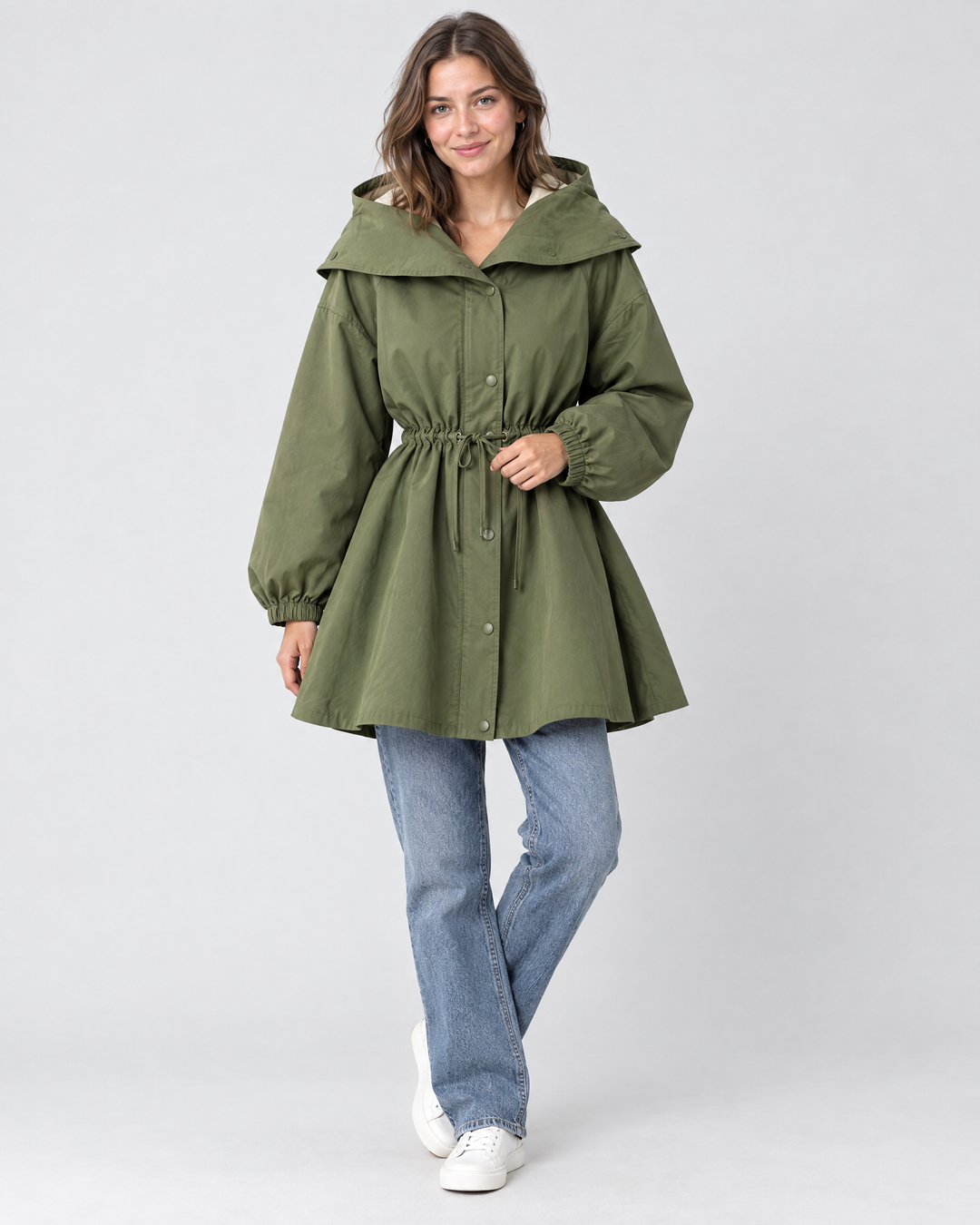 Margot | Relaxed Hooded Trench Coat with Drawstring Waist – Green – on-model hero