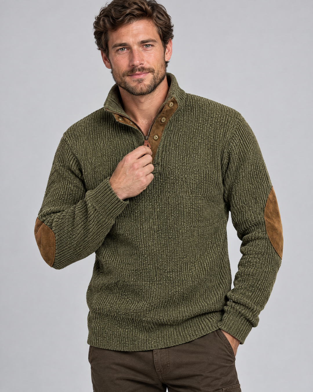 Caradoc | Rugged Quarter-Zip Jumper with Elbow Patches – Olive Green – on-model hero