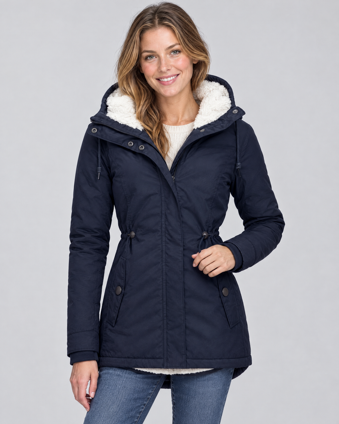 Amara | Cosy Quilted Winter Jacket Drawstring Waist – Blue – on-model hero