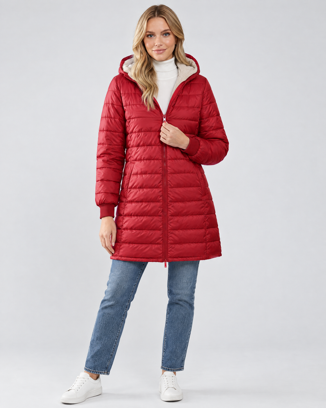 Calla | Cosy Hooded Longline Quilted Jacket – Red – on-model hero
