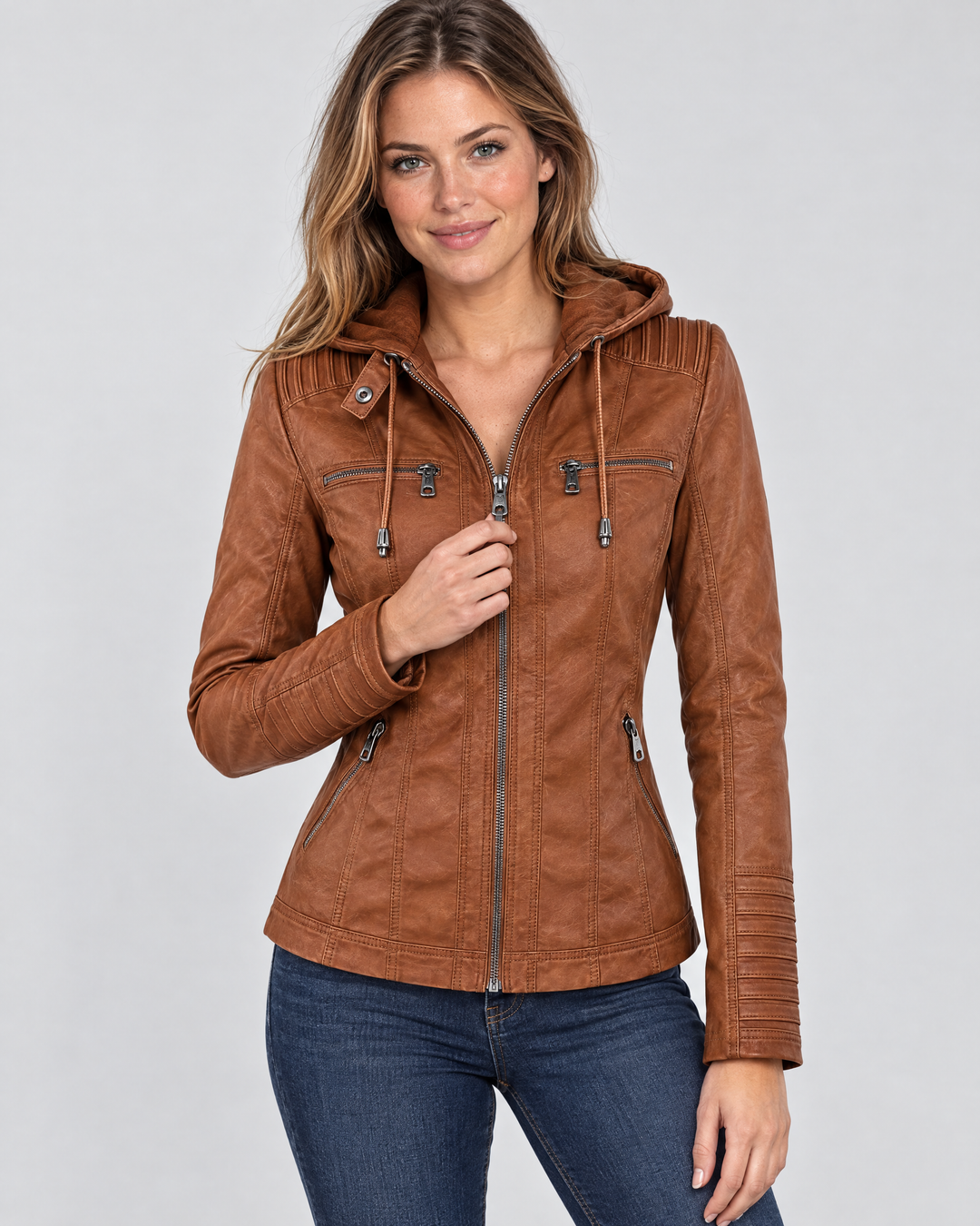 Beatrix | Sleek Hooded Moto Leather Jacket with Quilted Panels – Camel – on-model hero