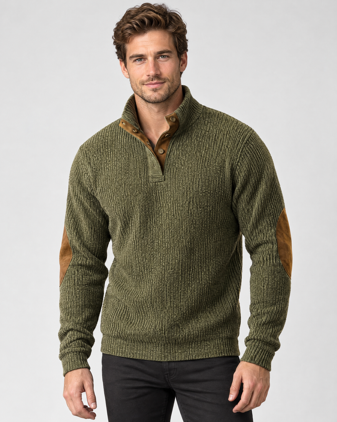 Caradoc | Rugged Button Neck Elbow Patch Jumper for Men