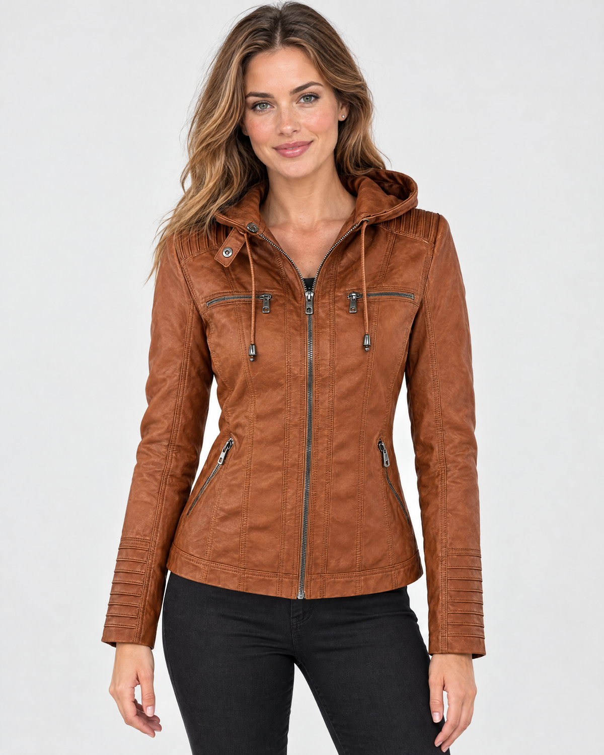 Beatrix | Sleek Hooded Faux Leather Moto Jacket for Women