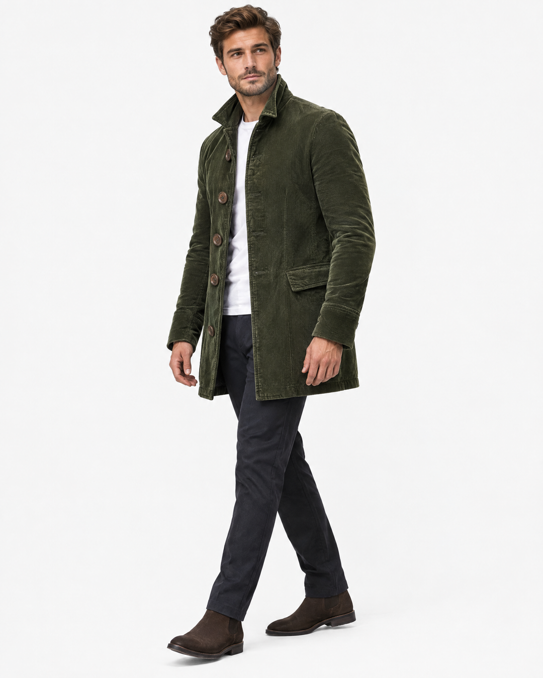 Crispin Classic Corduroy Coat - Military Green - angle
