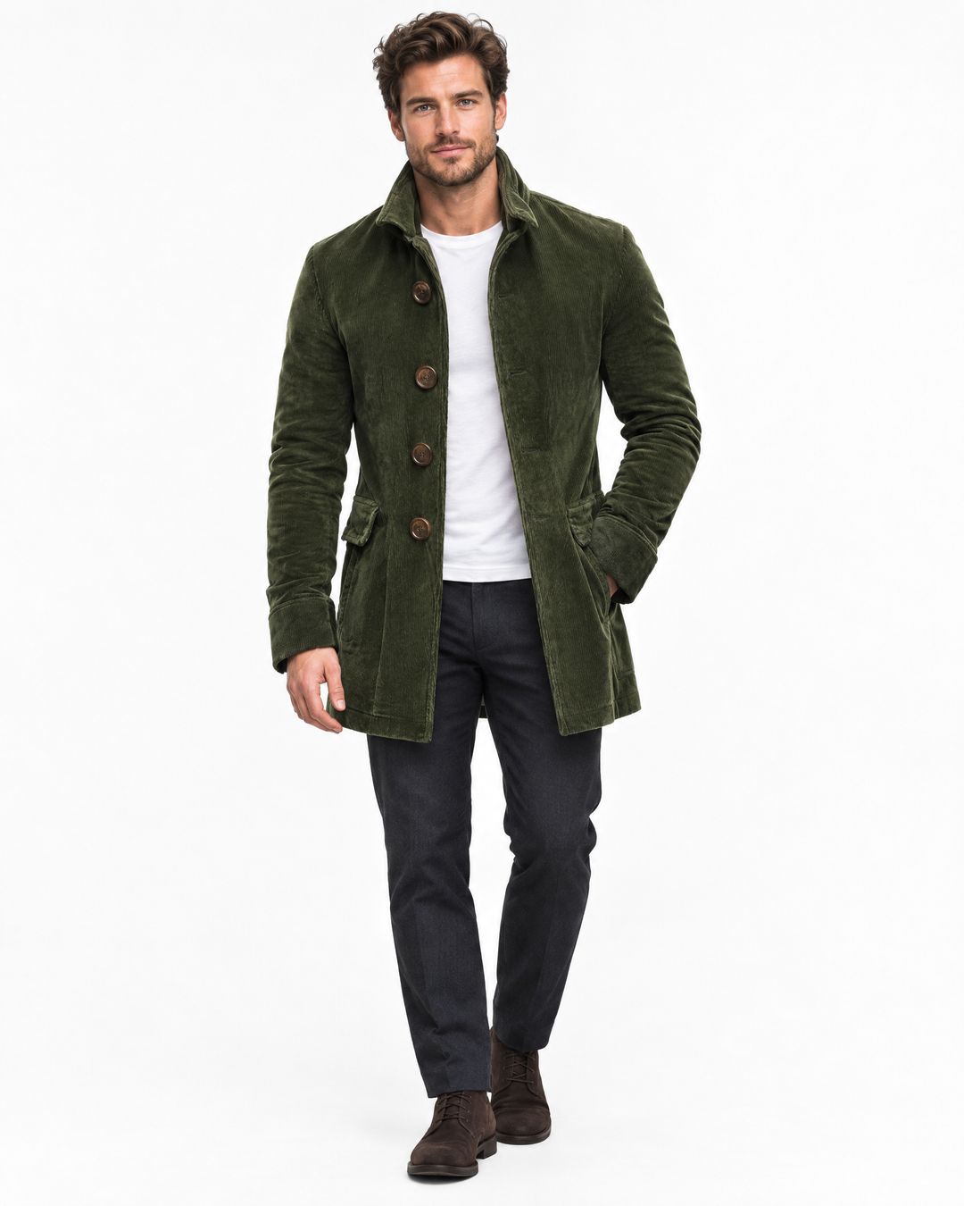 Crispin Classic Corduroy Coat - Military Green - hero