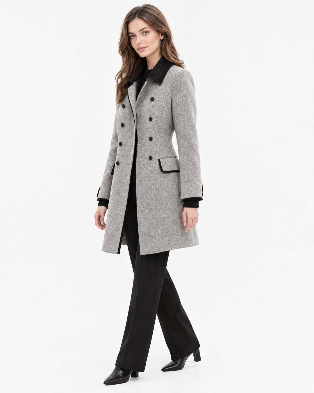 Bettina Elegant Double-Breasted Tailored Wool Coat - Grey - angle