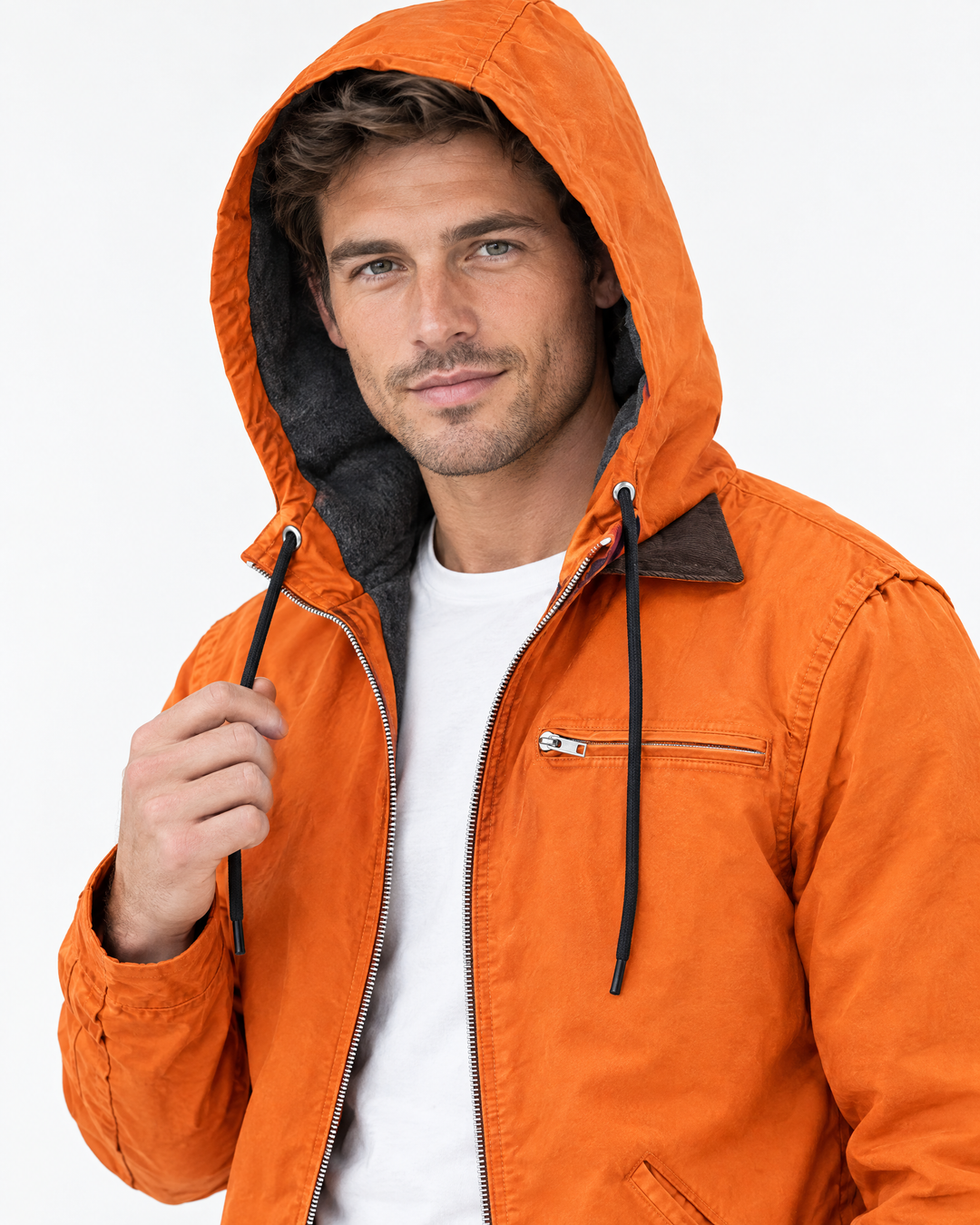 Aldous Classic Hooded Field Jacket - Bright Orange - alternate hood up