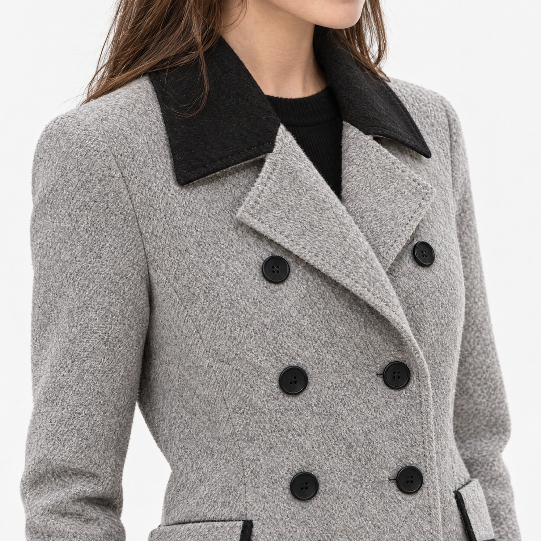 Bettina Elegant Double-Breasted Tailored Wool Coat - Grey - feature