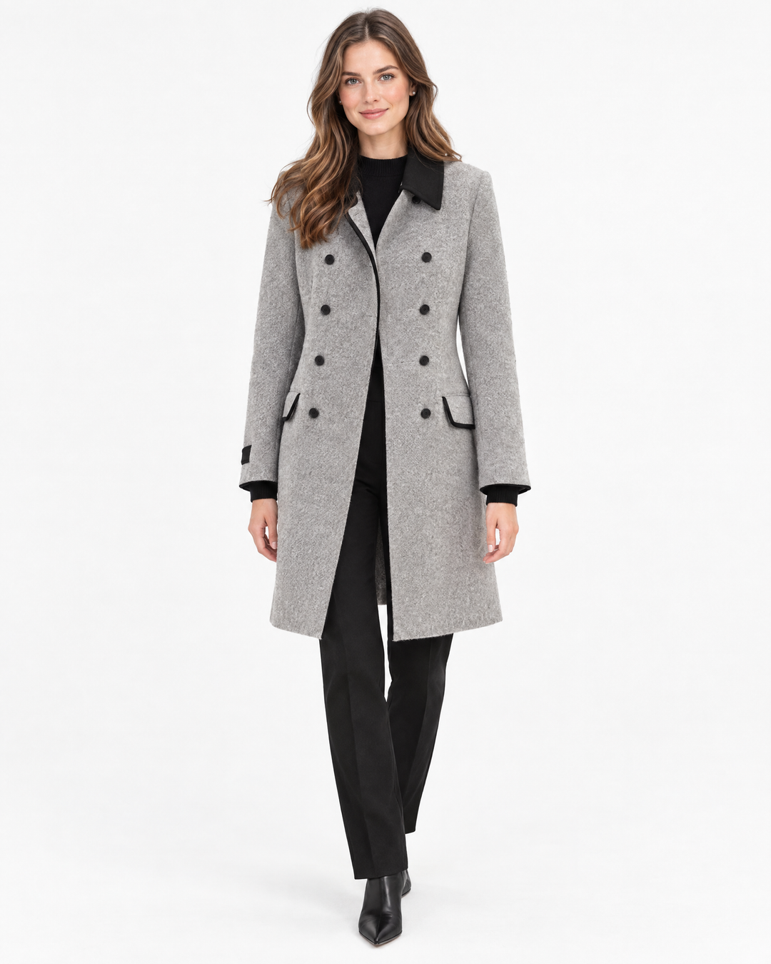 Bettina Elegant Double-Breasted Tailored Wool Coat - Grey - hero