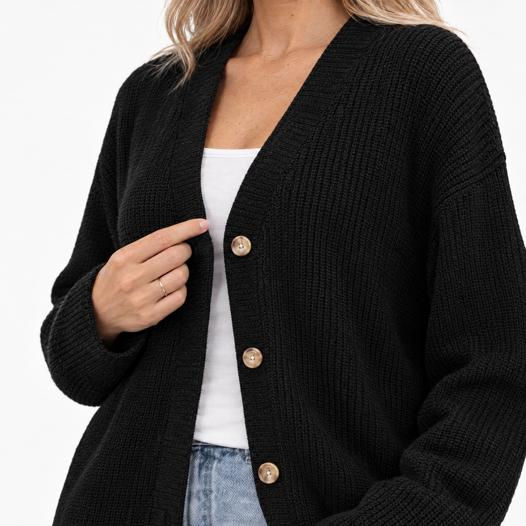Beryl Cozy Oversized Ribbed Knit Cardigan - Black - feature
