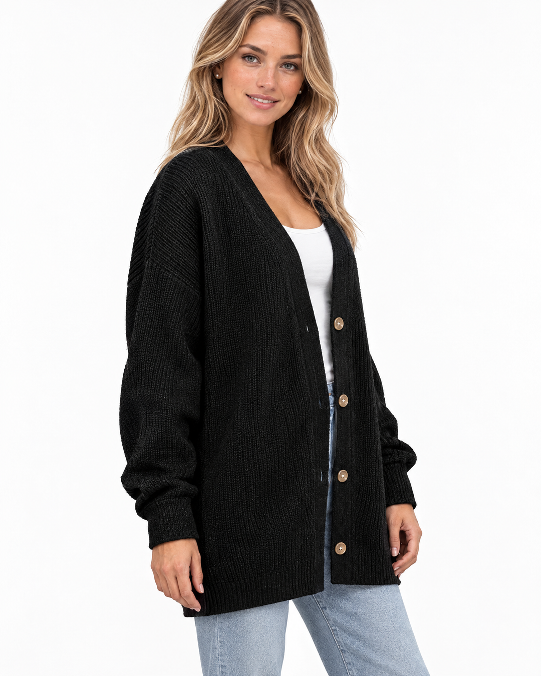 Beryl Cozy Oversized Ribbed Knit Cardigan - Black - angle