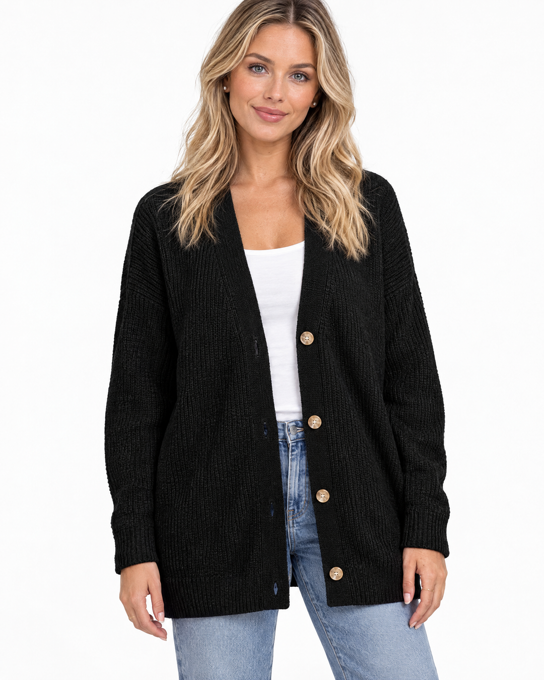Beryl Cozy Oversized Ribbed Knit Cardigan - Black - hero