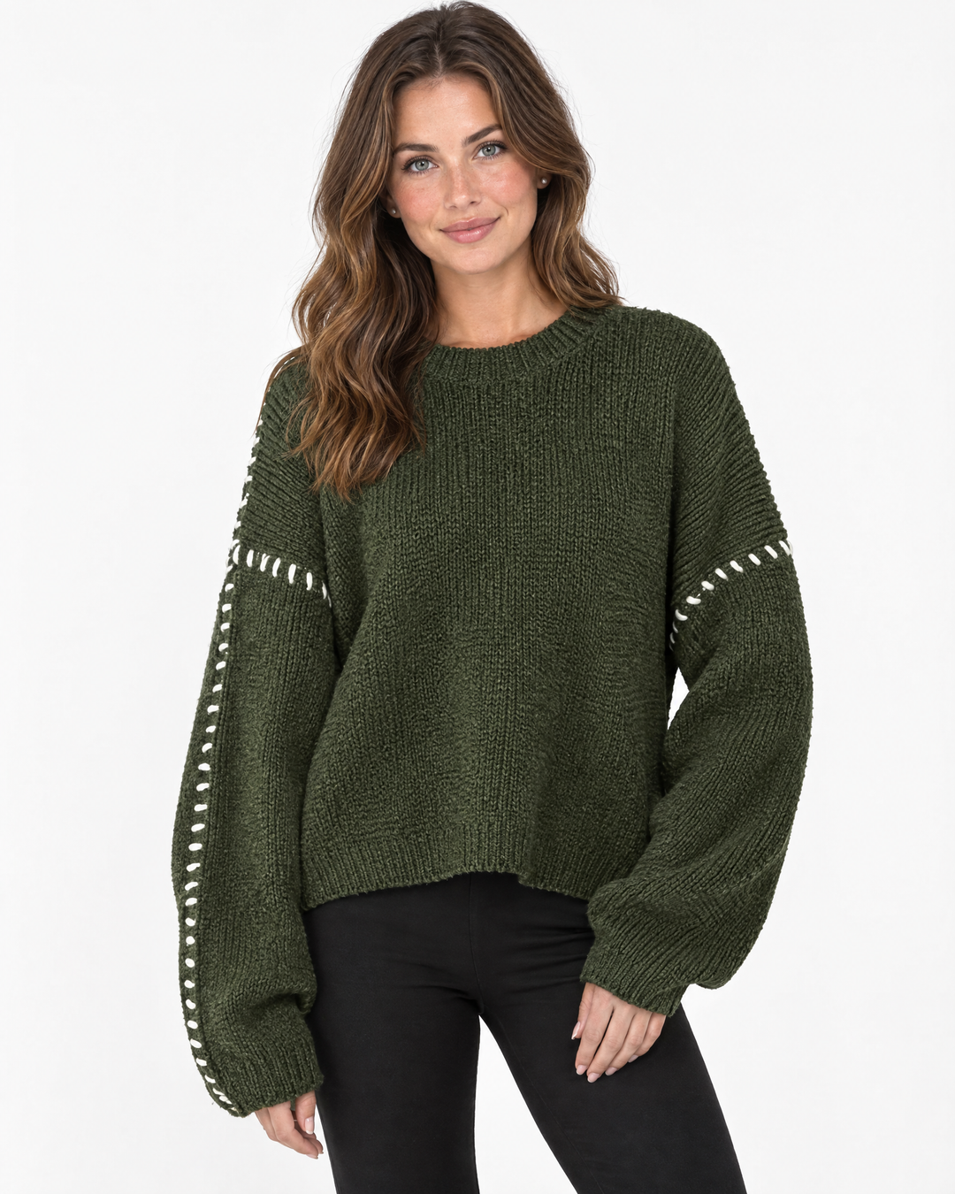 Aurev London Dionne sweater in Moss Green worn by model