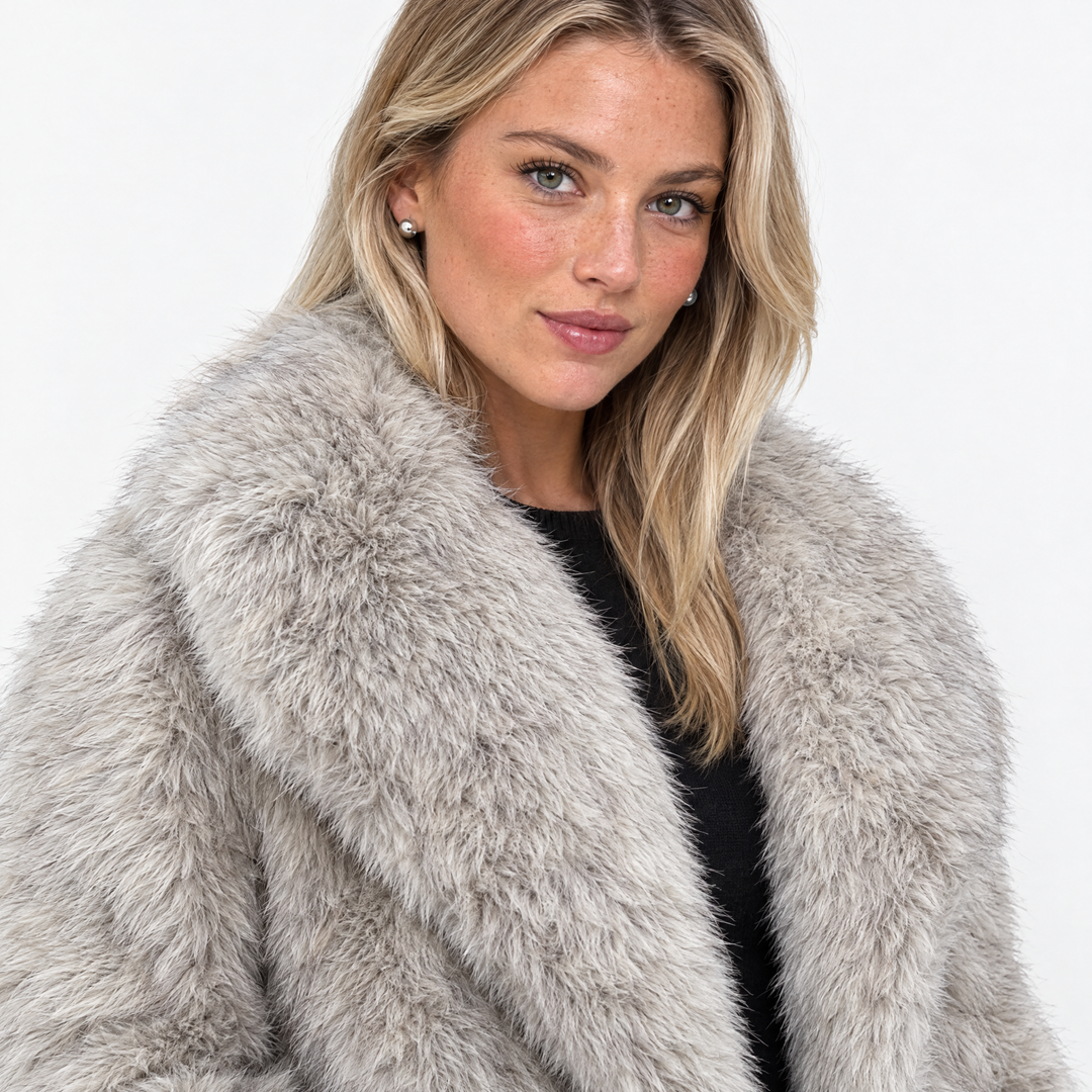 Aurev London Esther coat in Beige worn by model - fur texture detail