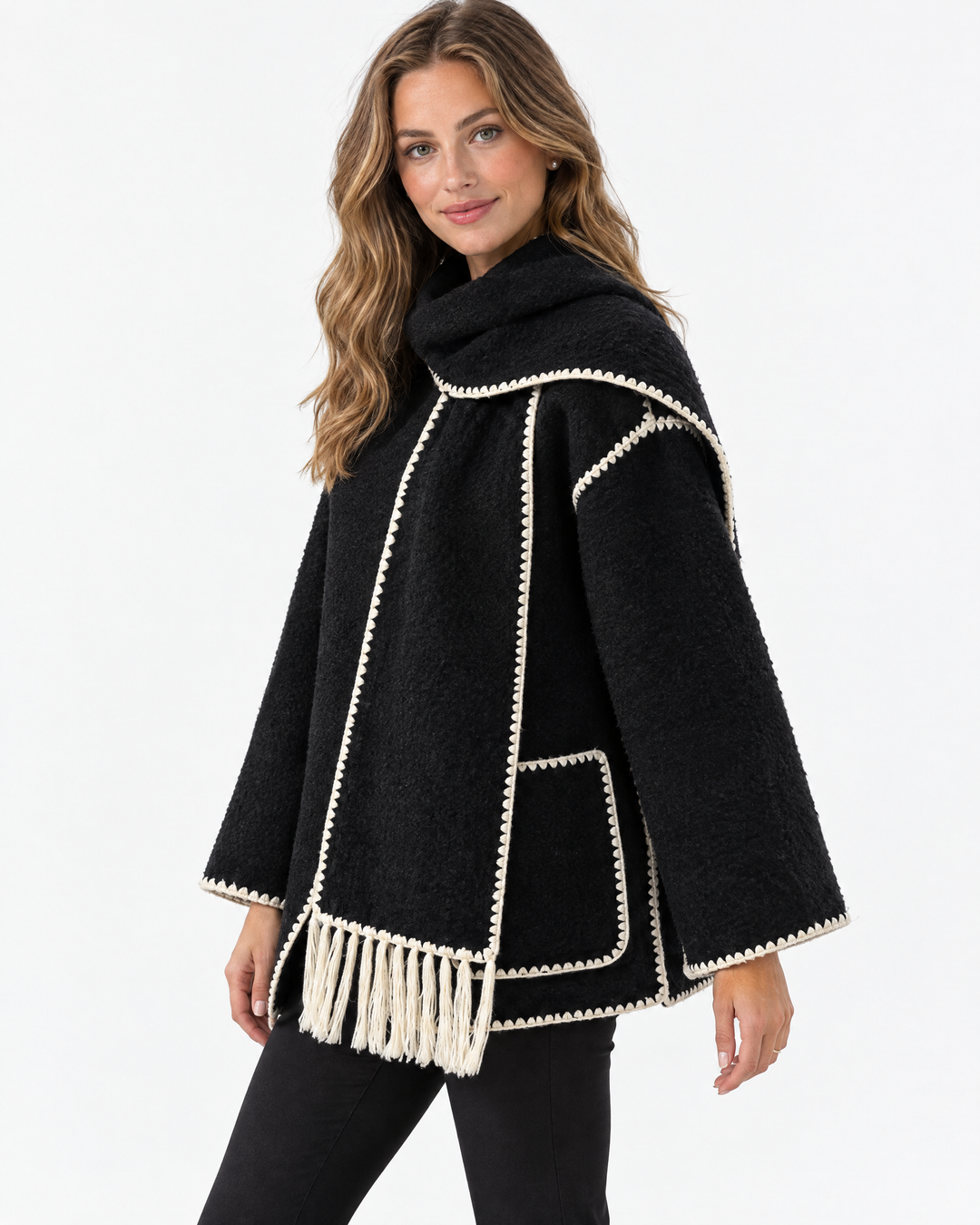 Aurev London Alto jacket in Black worn by model - angle view