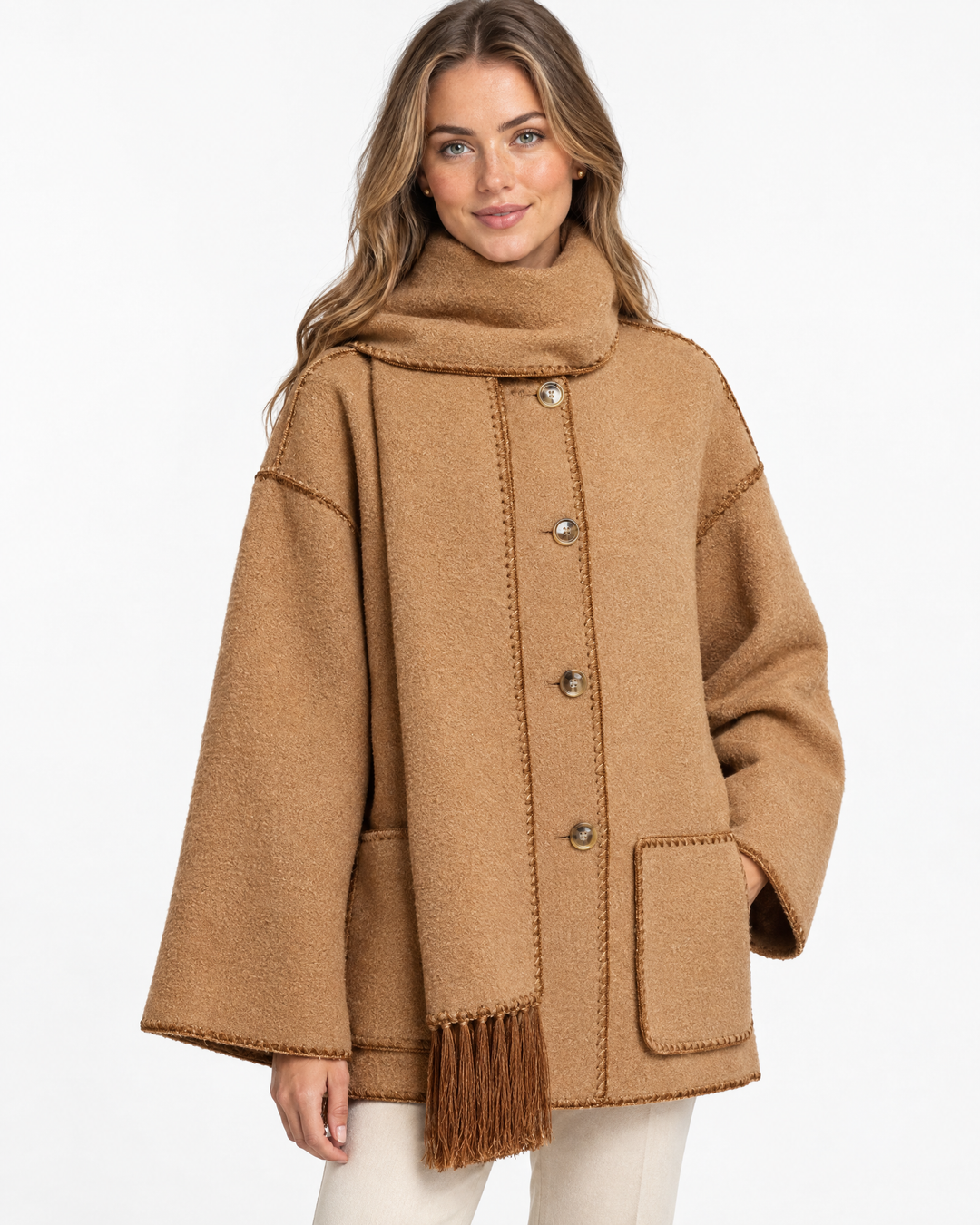 Aurev London Alto jacket in Brown worn by model
