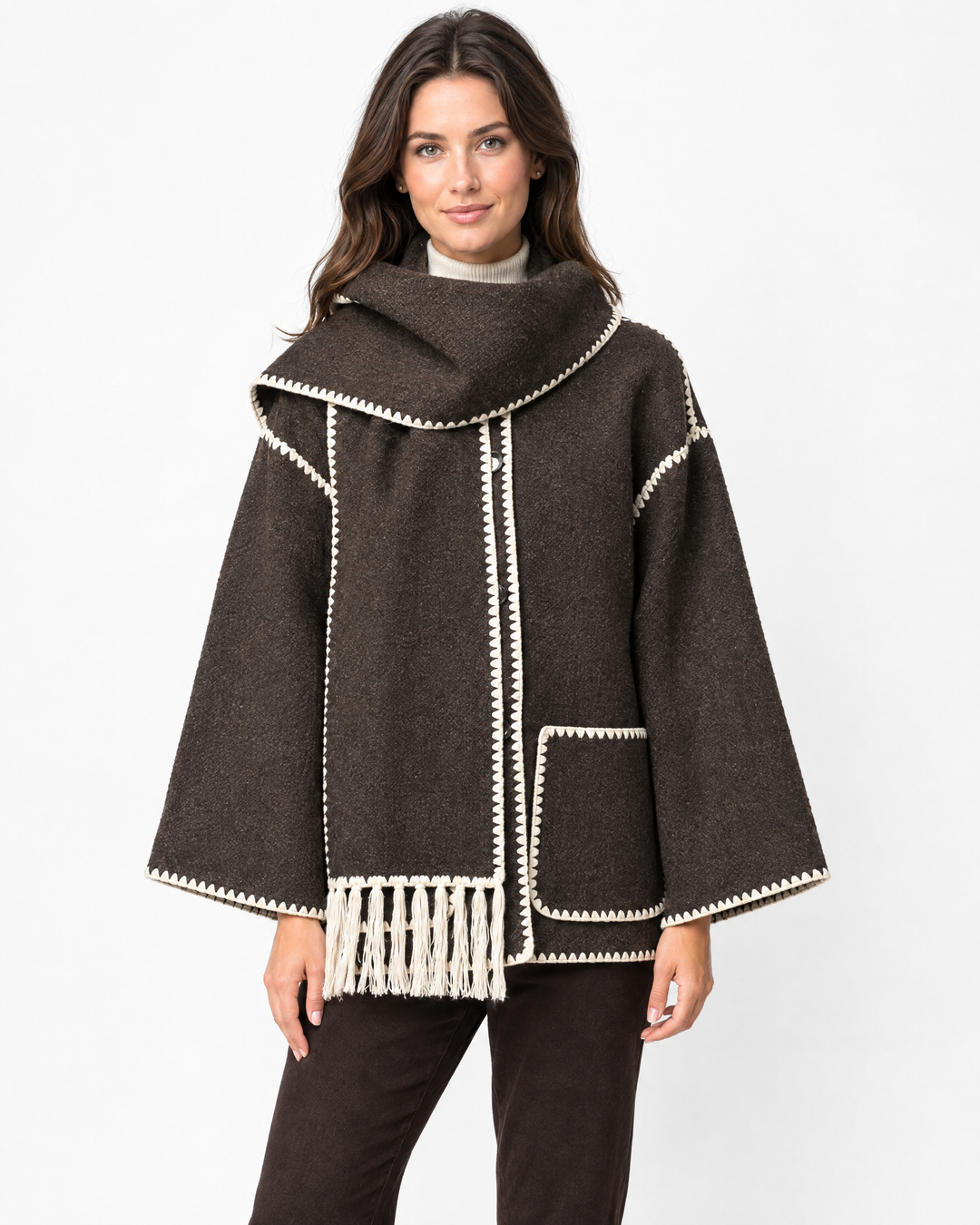 Aurev London Alto jacket in Chocolate Brown worn by model