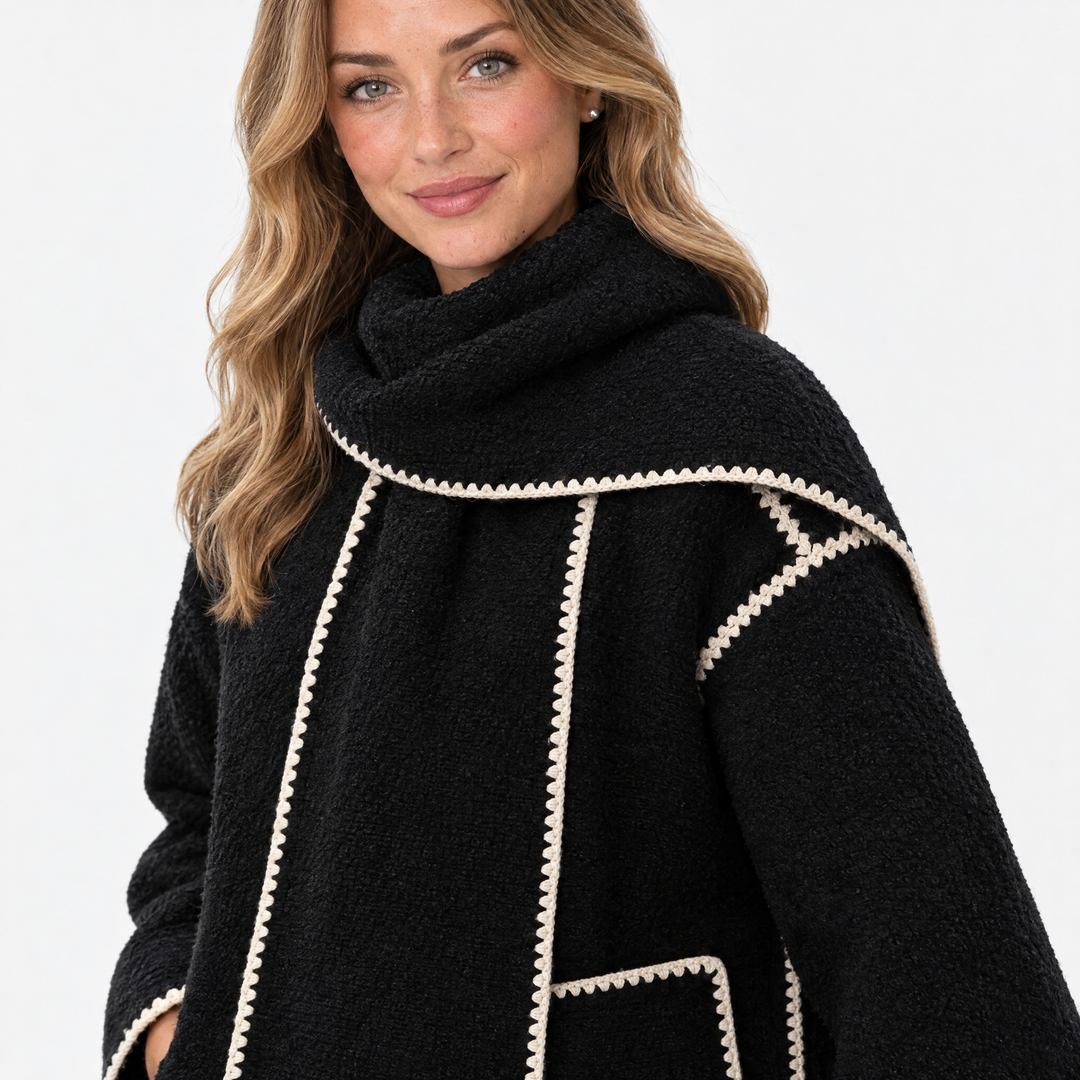 Aurev London Alto jacket in Black worn by model - scarf detail