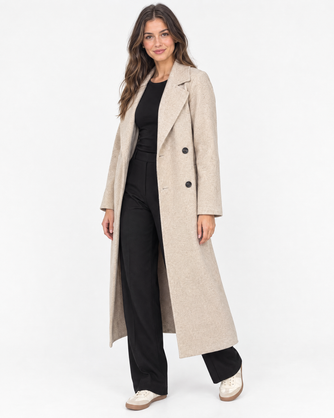 Aurev London Charlotte oversized coat in Beige worn by model - angle view