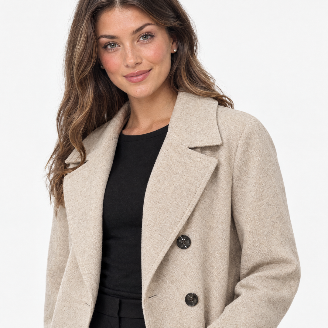 Aurev London Charlotte oversized coat in Beige worn by model - lapel detail