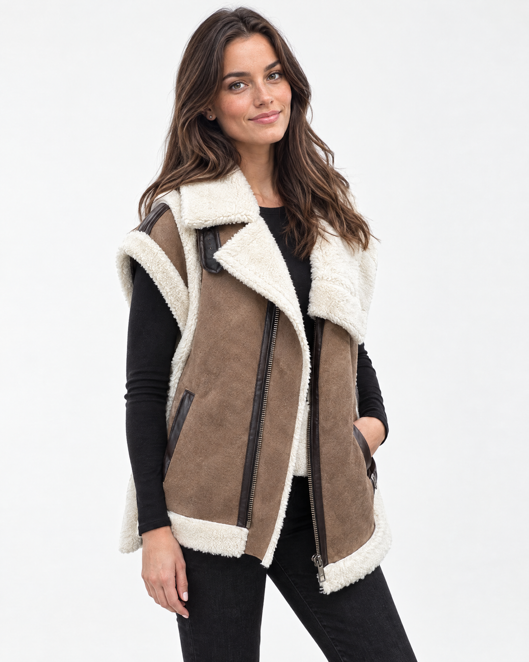 Aurev London Hilary shearling jacket in Brown worn by model - angle view