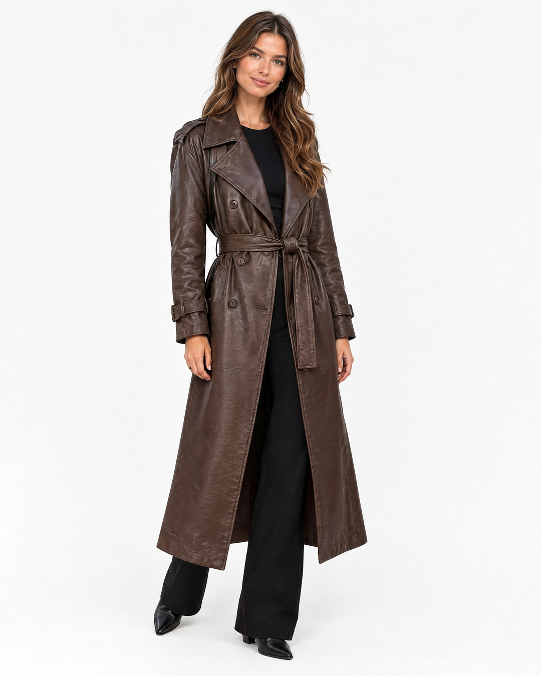 Aurev London Evelyn trench coat in Dark Brown worn by model - angle view