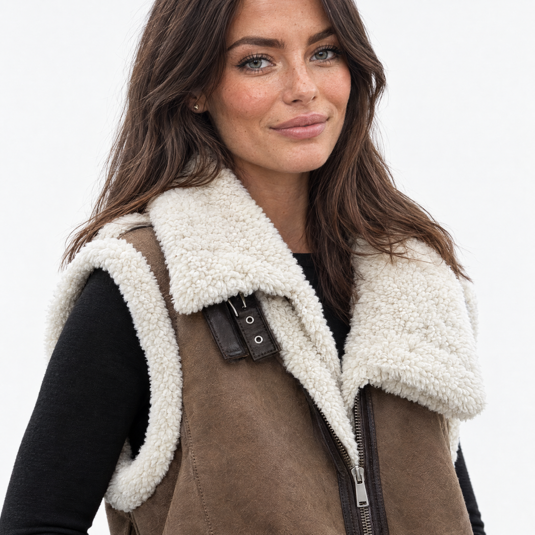 Aurev London Hilary shearling jacket in Brown worn by model - collar detail