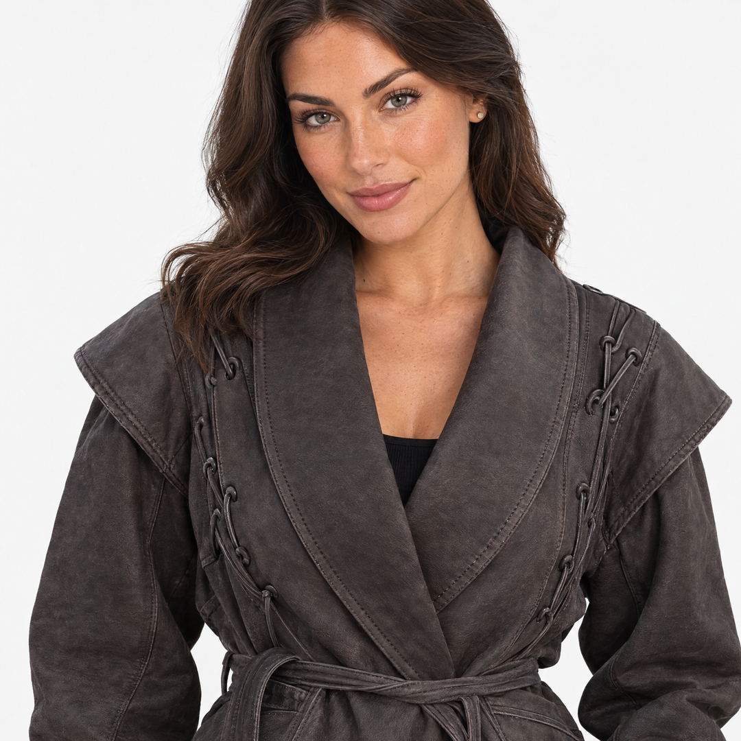 Aurev London Jessy vintage lapel jacket in Brown worn by model - lapel detail