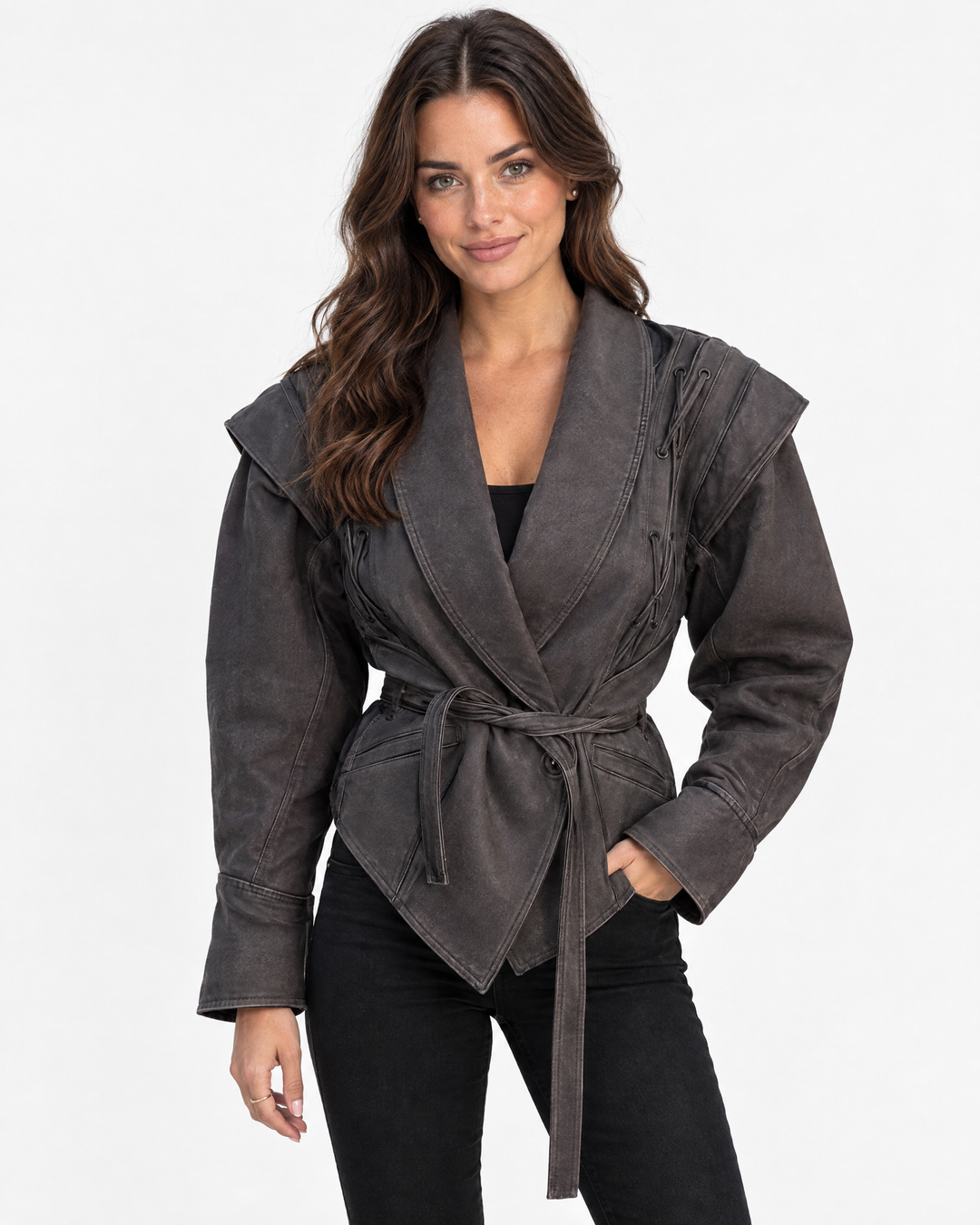 Aurev London Jessy vintage lapel jacket in Brown worn by model - front hero