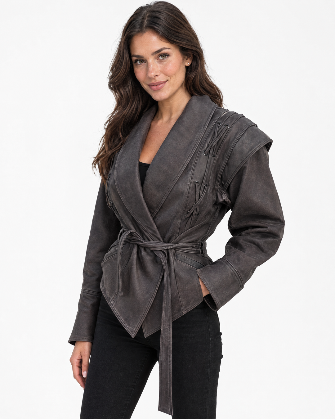 Aurev London Jessy vintage lapel jacket in Brown worn by model - angle view