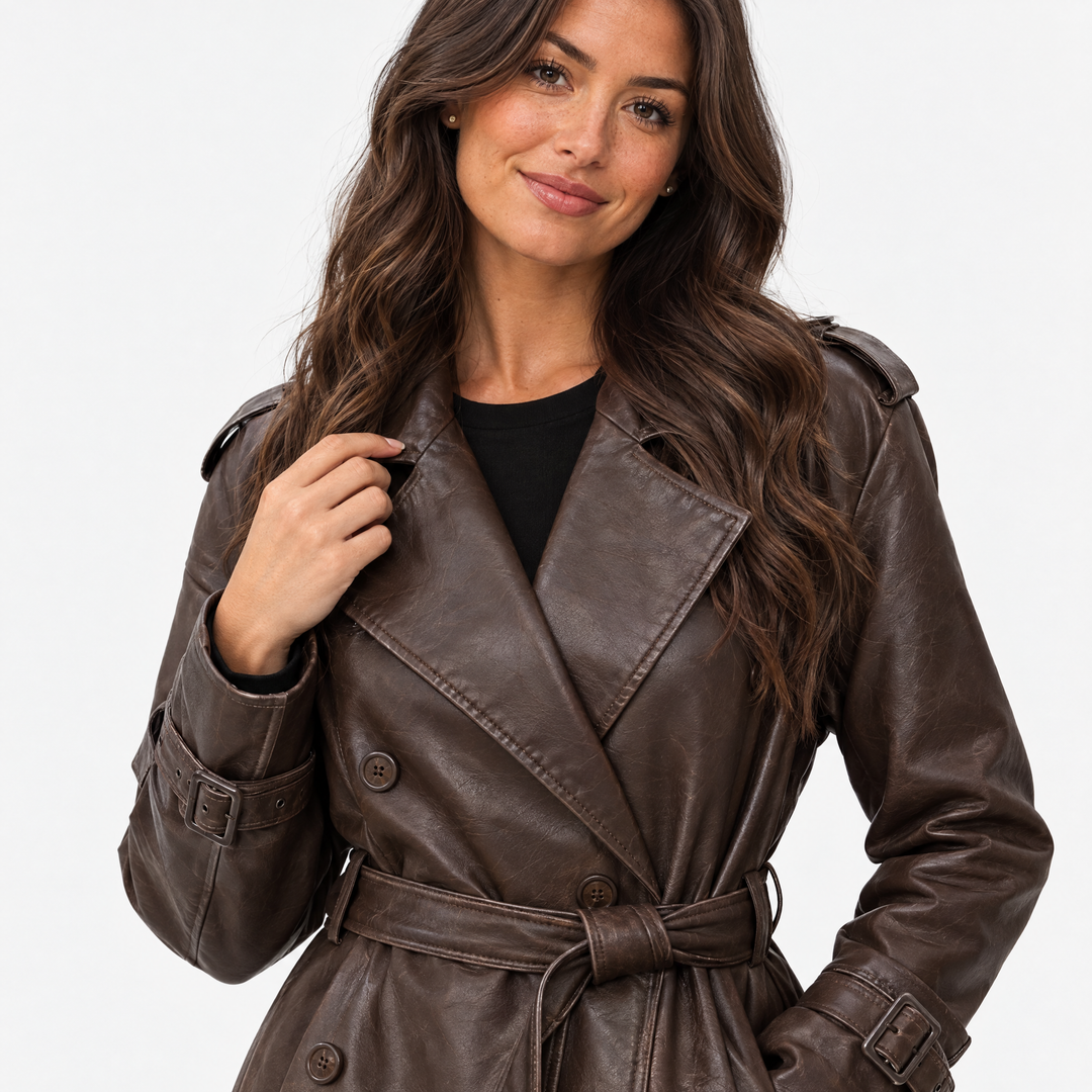 Aurev London Evelyn trench coat in Dark Brown worn by model - belt and cuff detail