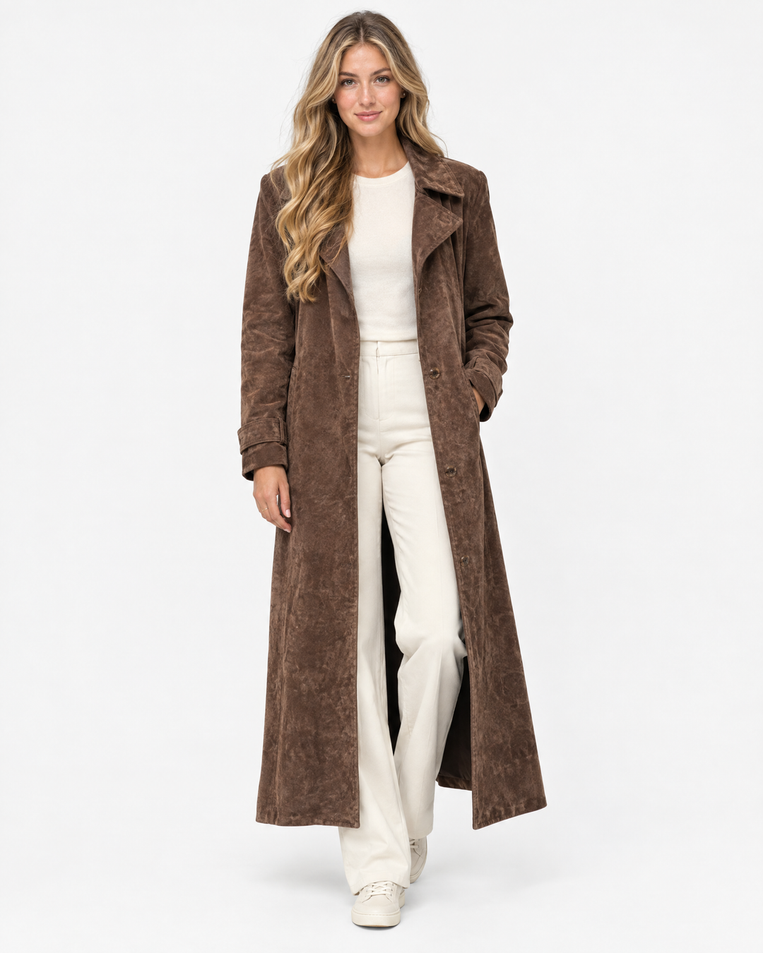 Aurev London Elisea suede trench coat in Brown worn by model - front hero