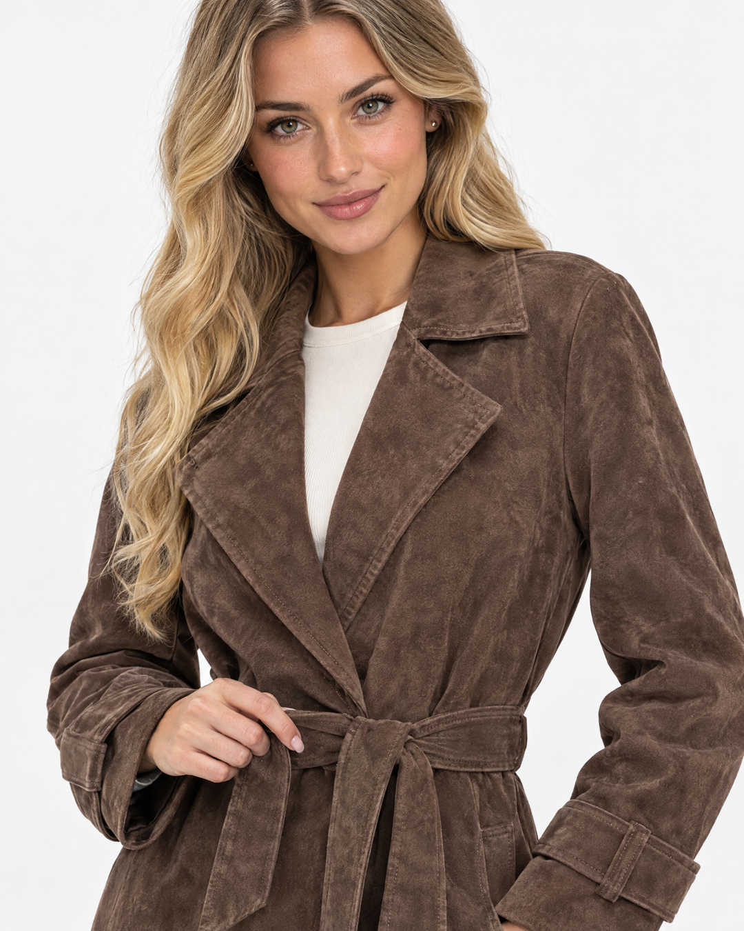 Aurev London Elisea suede trench coat in Brown worn by model - belt detail