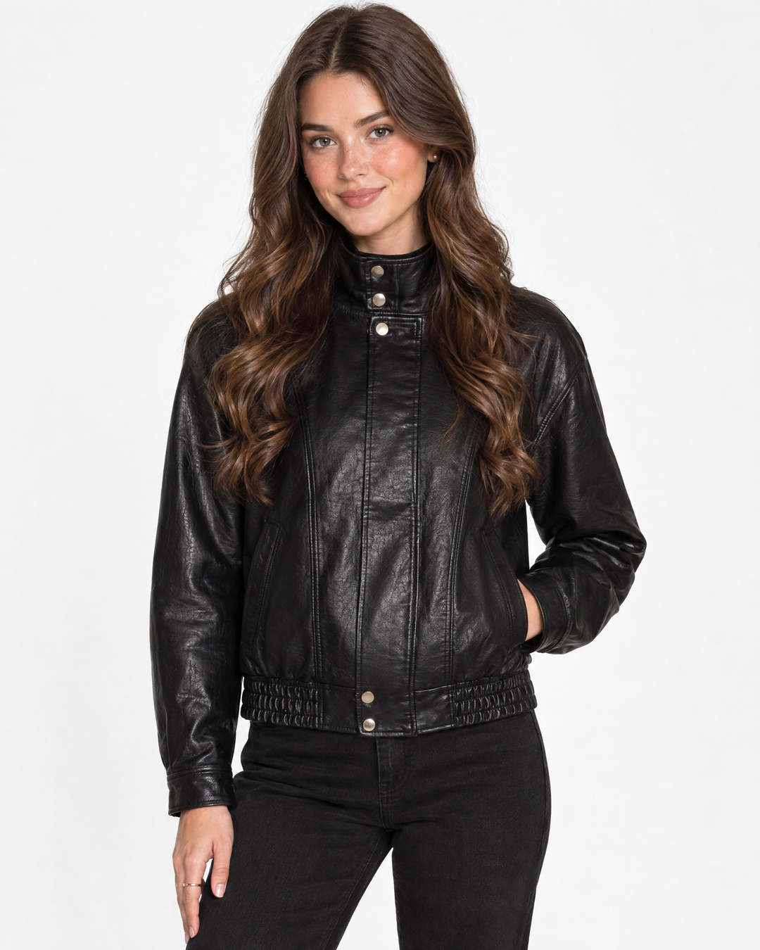 Aurev London Harper leather bomber jacket in Black worn by model - front hero