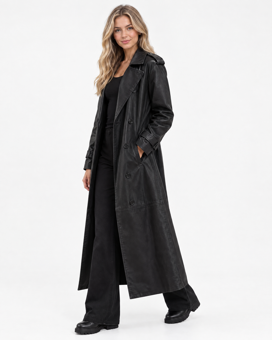 Aurev London Evelyn trench coat in Black worn by model - angle view