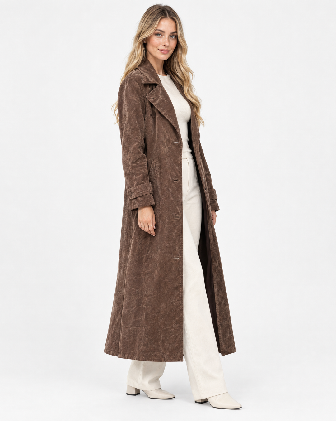 Aurev London Elisea suede trench coat in Brown worn by model - angle view