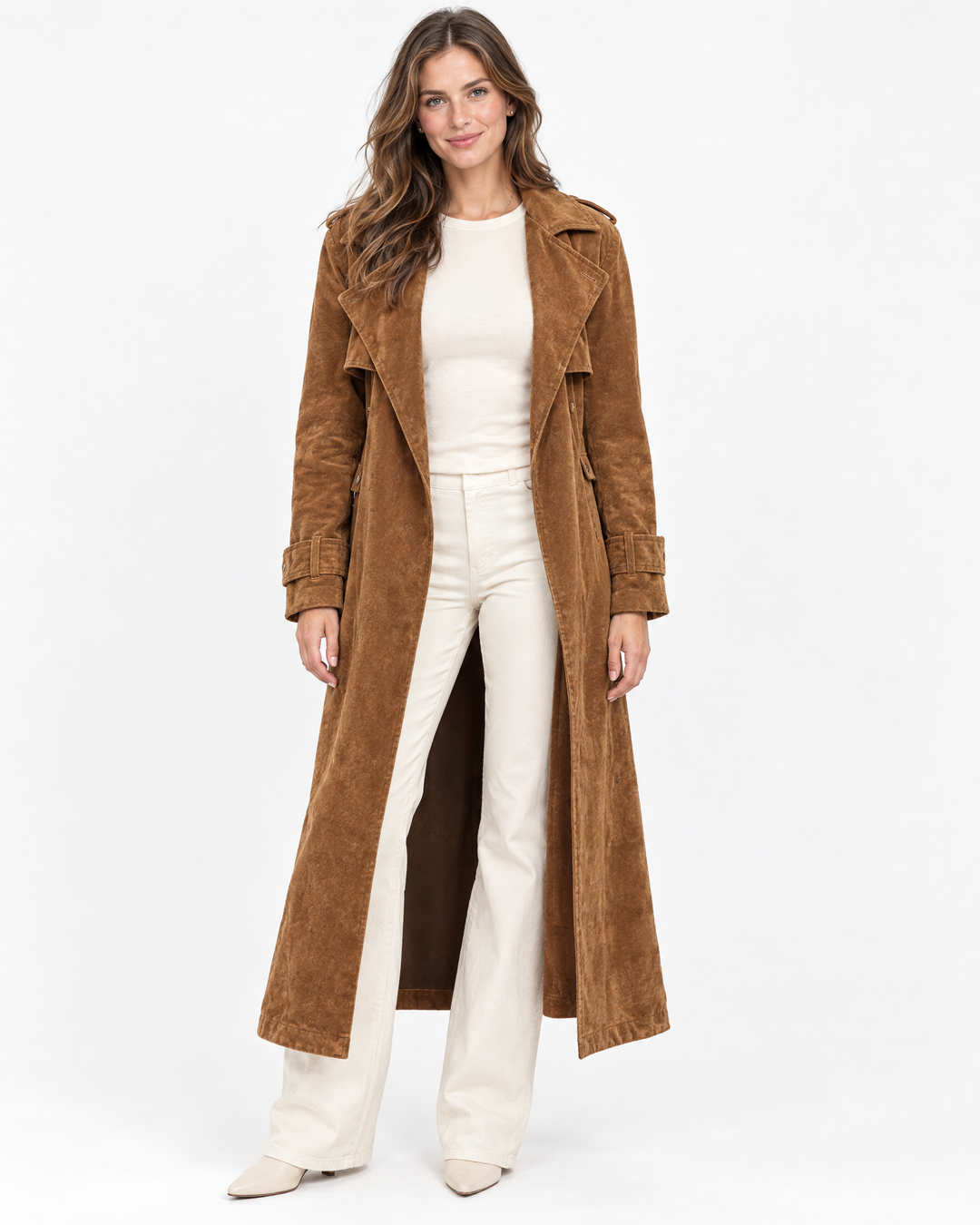 Aurev London Elisea suede trench coat in Camel worn by model